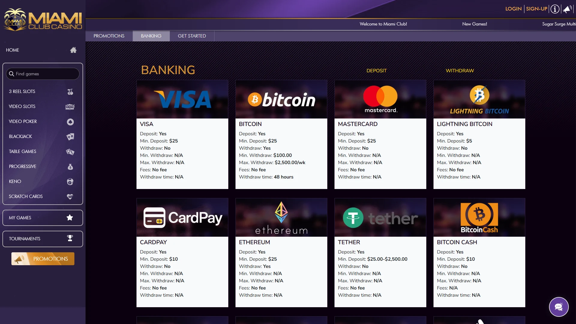 Miami Club payment methods